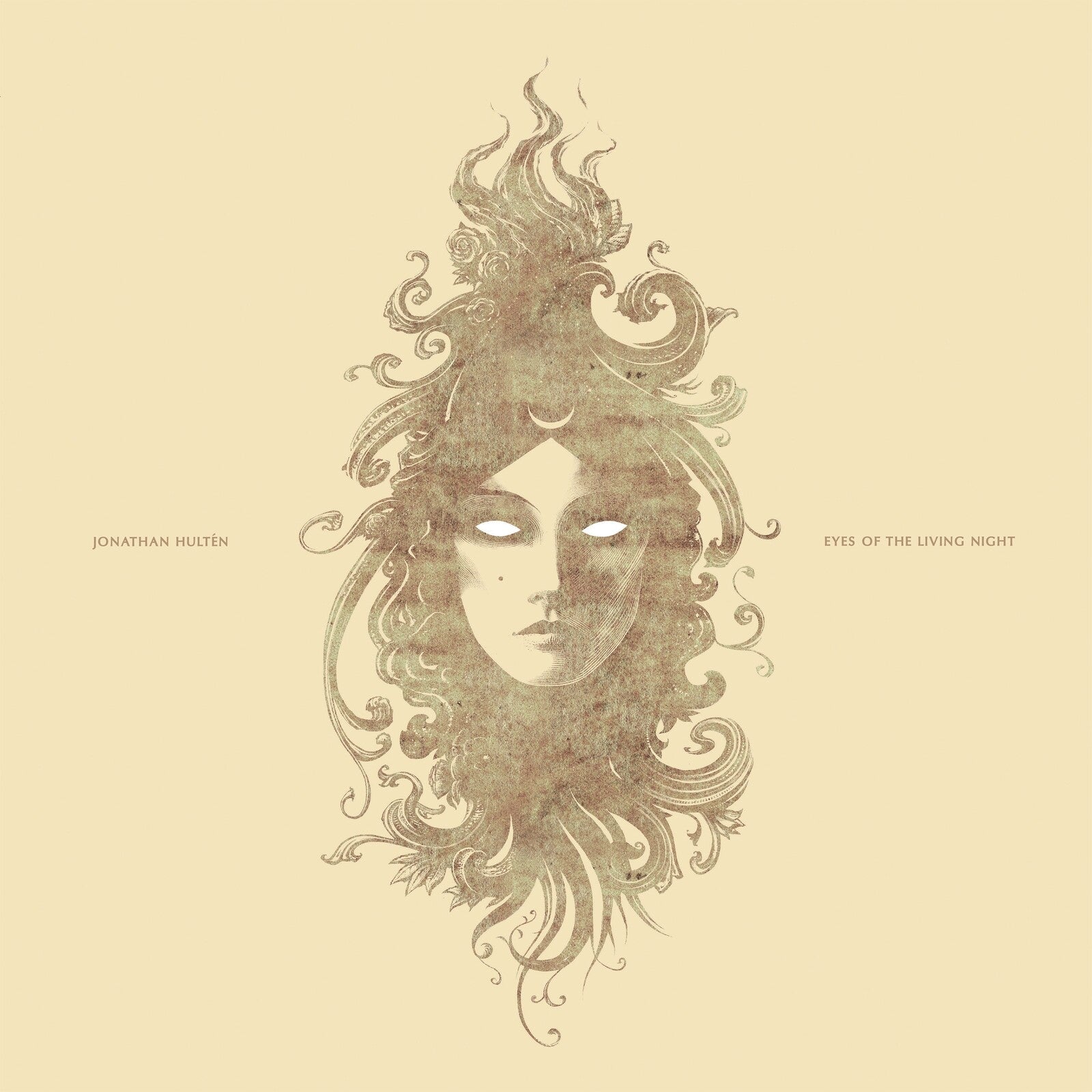 Vintage-style illustration of a face with ornate, swirling hair and empty eyes.