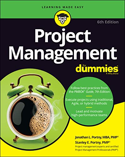 Book cover: "Project Management For Dummies," 6th edition, with a green alarm clock.