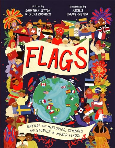 Book cover titled Flags featuring a globe surrounded by people holding various world flags.