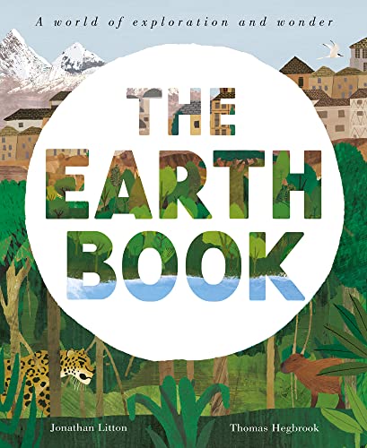 Book cover with illustrated lettering and diverse Earth landscapes.