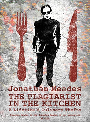 Book cover with a silhouetted man, cutlery, and bold red text.