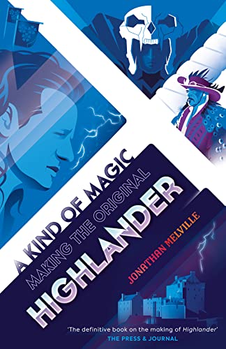 Book cover with blue illustrations of Highlander characters and a castle under lightning.