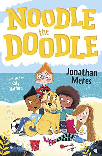Book cover: children and a dog on a beach, colorful illustration.