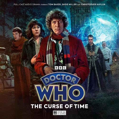 Fourth Doctor, companions, and mysterious figures before a gothic castle.