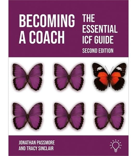 Book cover titled Becoming a Coach featuring five purple butterflies and one red butterfly.