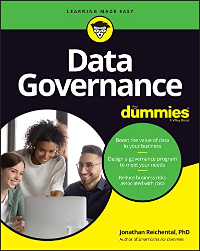 Book cover: "Data Governance For Dummies" with people using a laptop.