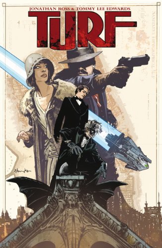 Comic book cover titled Turf featuring four characters and a futuristic spaceship.