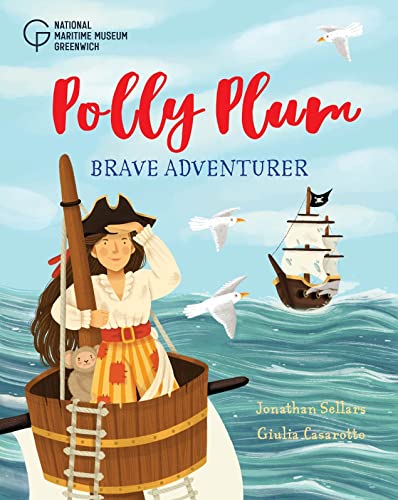 Illustration of a young pirate girl in a barrel, with a ship and seagulls.