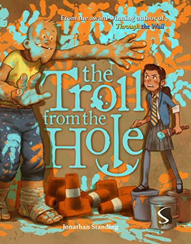 Book cover: a boy, a girl, and a troll-like figure in paint splatters.