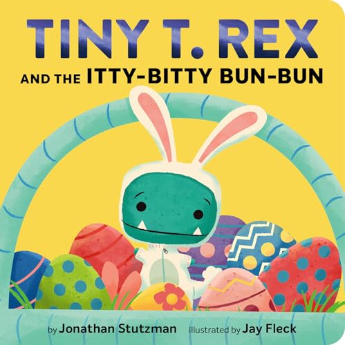 Green dinosaur with bunny ears amidst colorful Easter eggs.