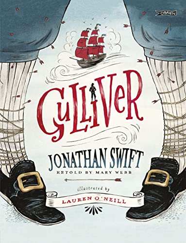 Book cover for "Gulliver" featuring legs, shoes, and a distant ship.
