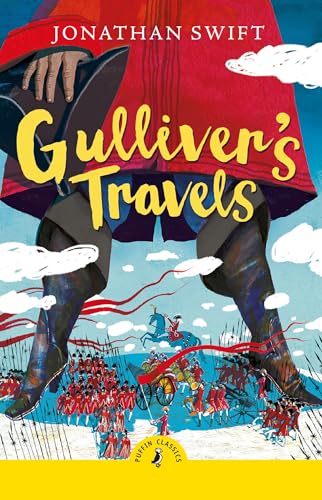 Book cover for "Gulliver's Travels" featuring giant legs and a battle scene.