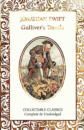 Cover of “Gulliver’s Travels” featuring a man with tiny people below.