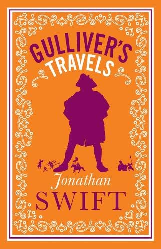 Orange book cover for "Gulliver's Travels" featuring a silhouetted figure.