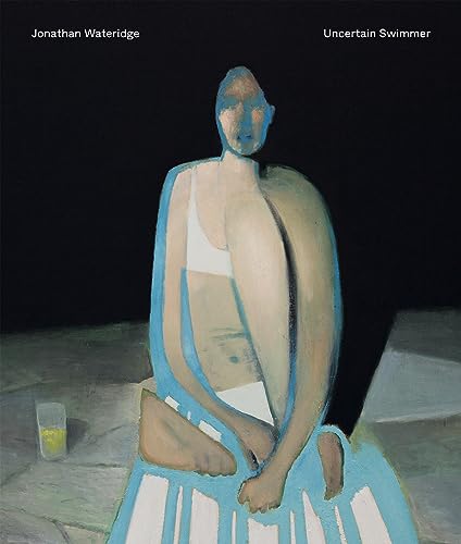 Abstract painting of a figure in swimwear, seated by water.