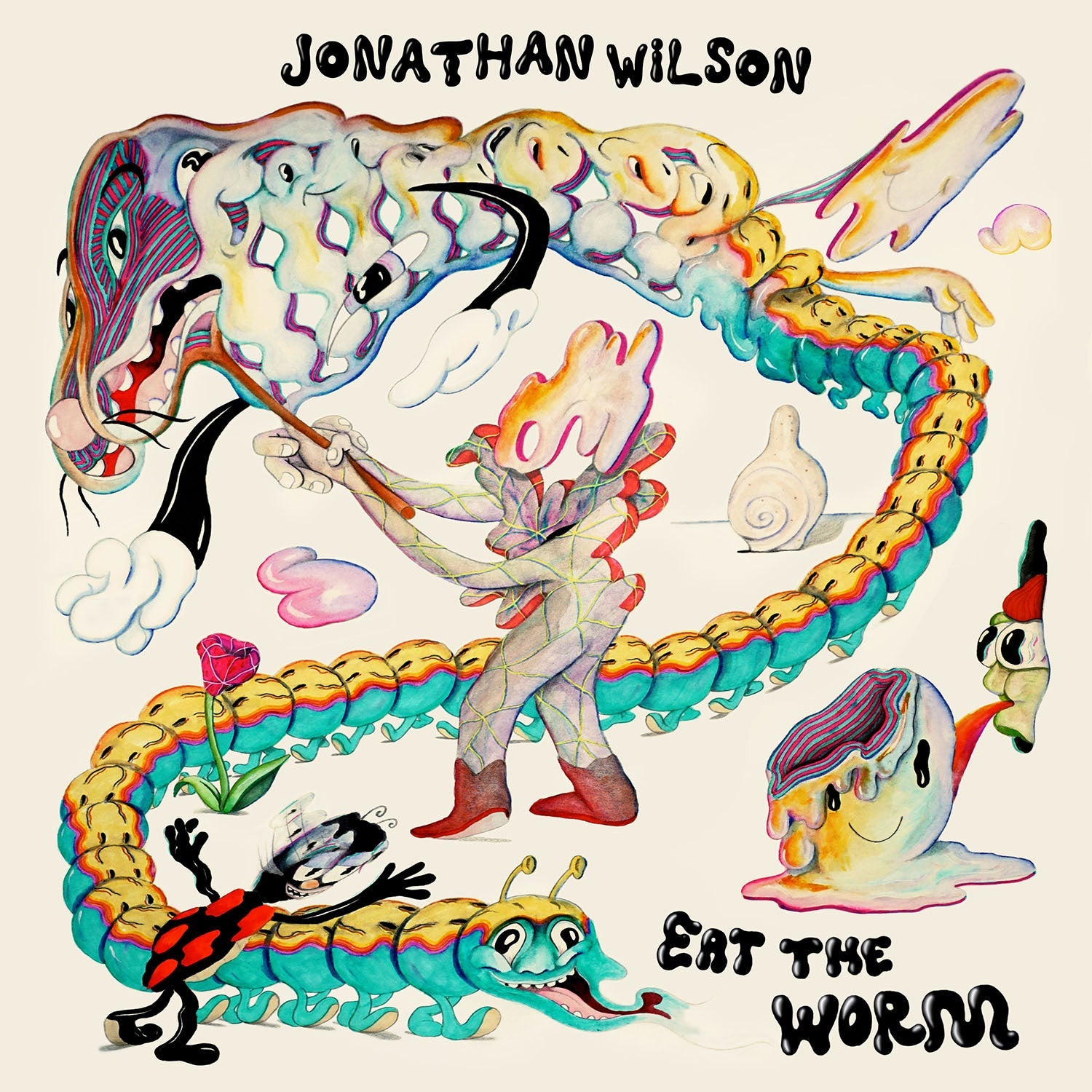 Album cover for Jonathan Wilson’s “Eat The Worm” featuring surreal, colorful artwork.