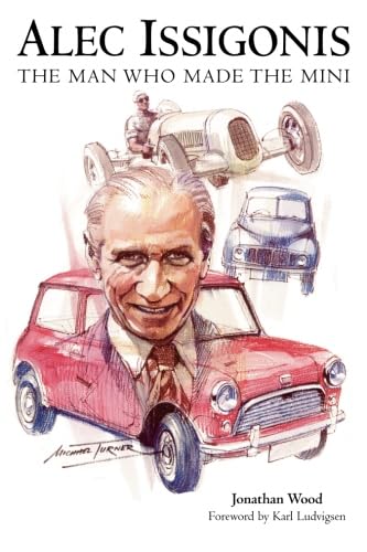 Book cover featuring Alec Issigonis and illustrations of Mini cars.