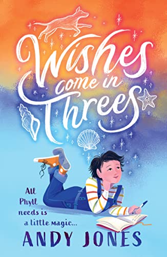 Book cover: girl writing with shells, stars, and a dog above.