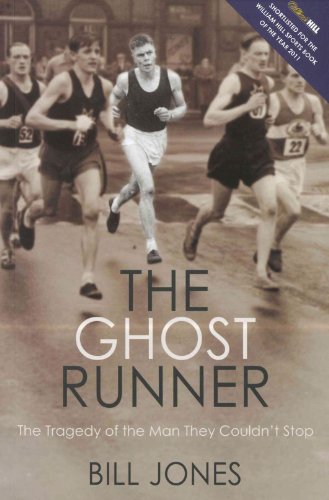 Black and white cover of "The Ghost Runner" book with runners.