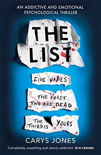Book cover: “The List” with torn paper and red splatters.
