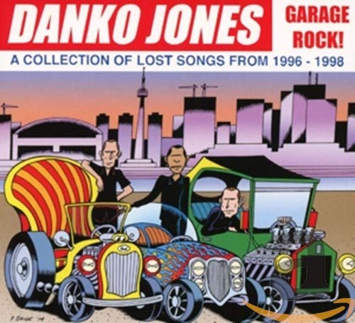 CD cover: cartoon band with colorful hot rods, city skyline.