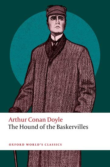 Book cover: illustration of a man in a coat, “The Hound of the Baskervilles.”