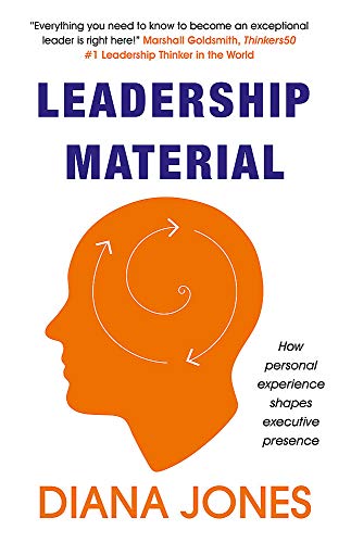 Book cover: orange head silhouette with swirling arrows, title “Leadership Material”.