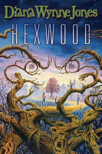 Book cover for "Hexwood" depicting a fantastical forest and two figures.