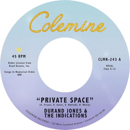 Blue and yellow vinyl record label with “Durand Jones & The Indications” text.