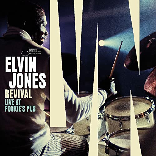 Elvin Jones drumming, album cover for “Revival: Live at Pookie’s Pub.”