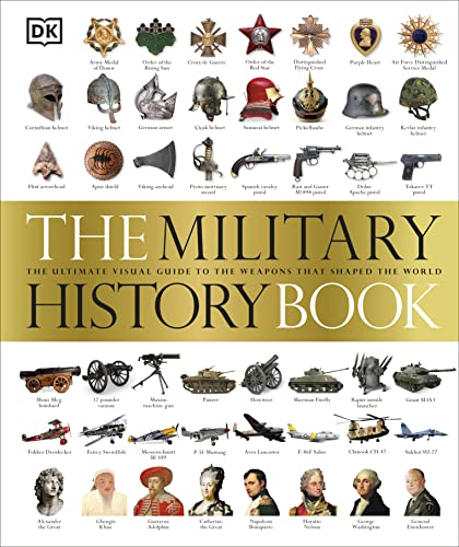Book cover featuring grids of military medals, helmets, weapons, vehicles, aircraft, and leaders.