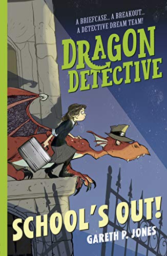 Girl riding a red dragon with a briefcase, book cover.