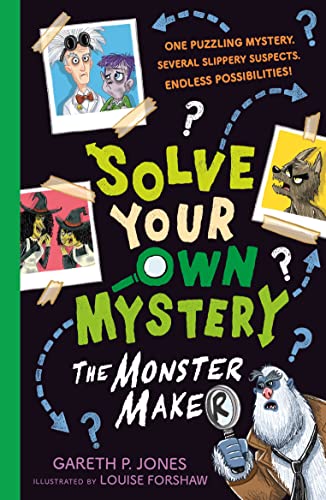 Book cover featuring cartoon illustrations of monsters, a magnifying glass, and bold yellow text.