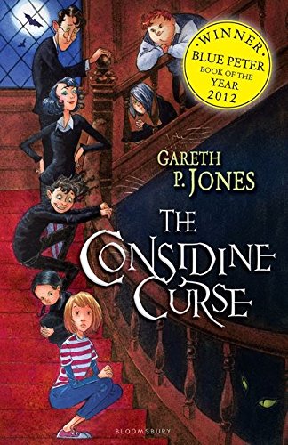 Book cover illustration showing several characters on a staircase with a yellow award sticker.
