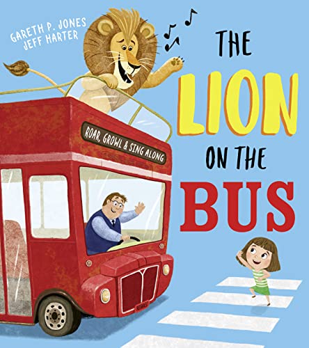 Red bus with a lion on top, driver waving, girl on sidewalk.