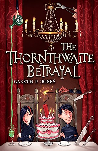 Book cover: “The Thornthwaite Betrayal” with illustrated dining scene and shadowy figures.