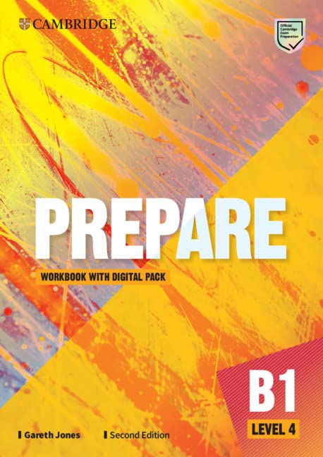 Cambridge English Prepare! Level 4 workbook cover with yellow and red design.