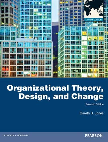 Textbook cover with city skyline, title: "Organizational Theory, Design, and Change.