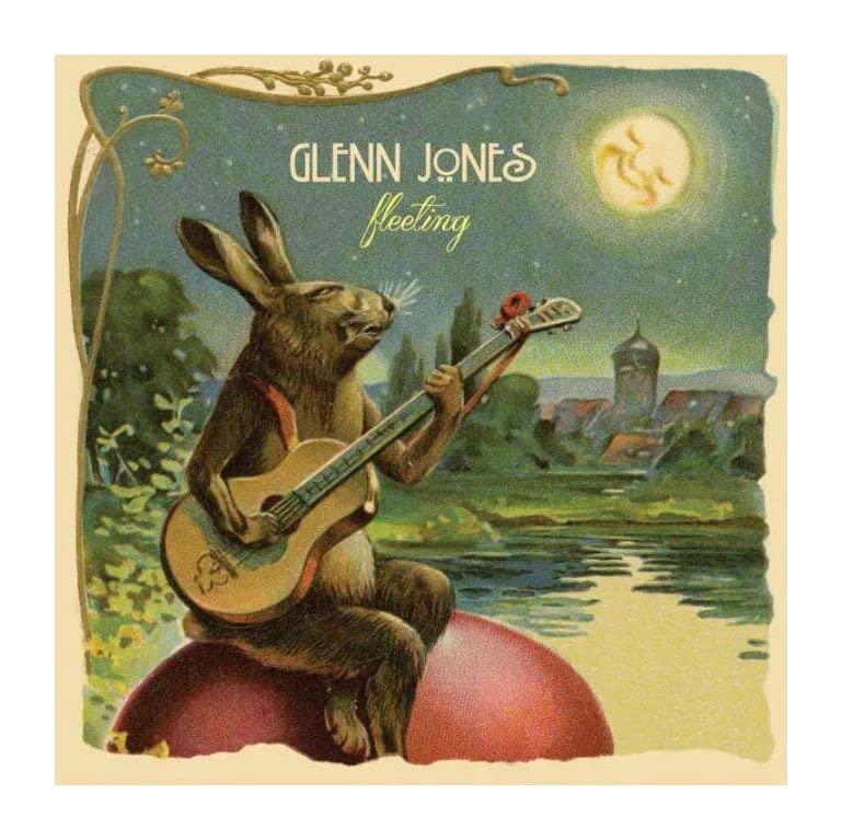 Illustration of a rabbit playing an acoustic guitar while sitting on a red sphere.