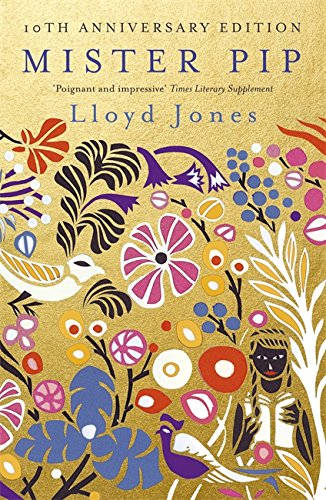 Gold book cover with floral design and the title "Mister Pip" by Lloyd Jones.