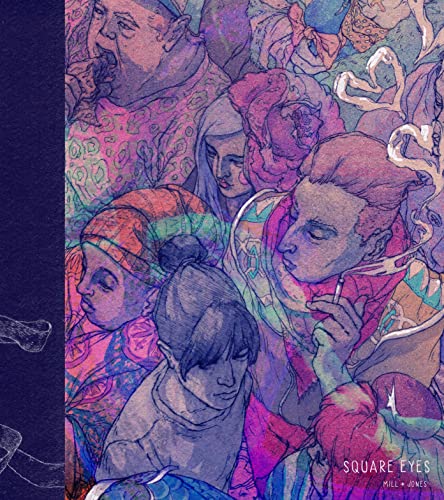 Stylized illustration of diverse people in purple and pink tones with the title Square Eyes.