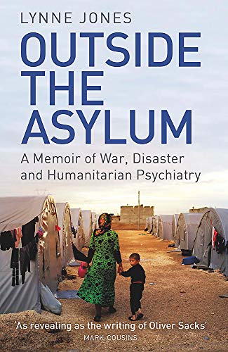 Book cover: “Outside the Asylum” with a refugee camp scene.