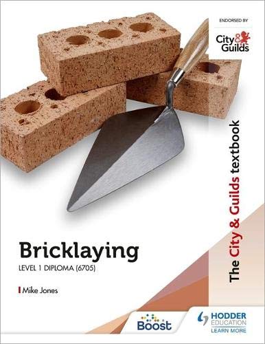 Bricklaying textbook cover with bricks, a trowel, and City & Guilds logo.