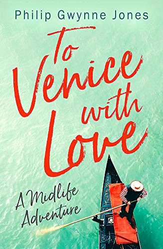 Book cover with red cursive title and gondola view from above.