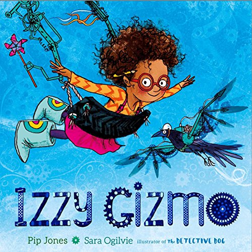 A girl with curly hair and goggles flies with a mechanical bird on blue background.