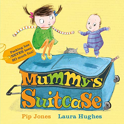 A girl and baby jump on a blue suitcase with a cat peeking out.
