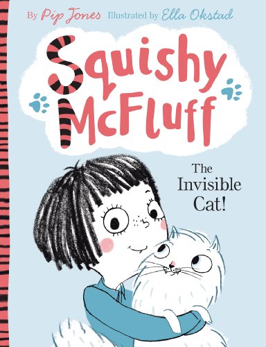 A girl with dark hair hugs a fluffy white cat on a light blue background.