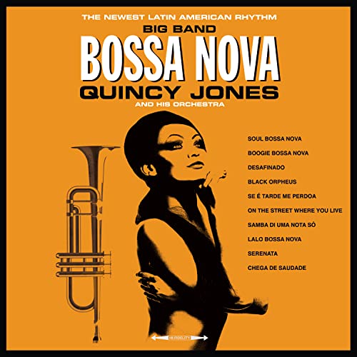 Quincy Jones' "Big Band Bossa Nova" vinyl album cover with trumpet and portrait.