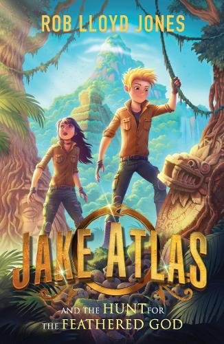 "Book cover featuring cartoon boy and girl in jungle, with title 'Jake Atlas and the Hunt'."