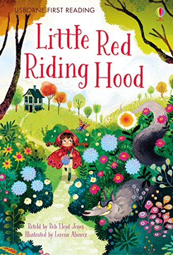 Little Red Riding Hood walks on a path toward a cottage as a wolf watches.